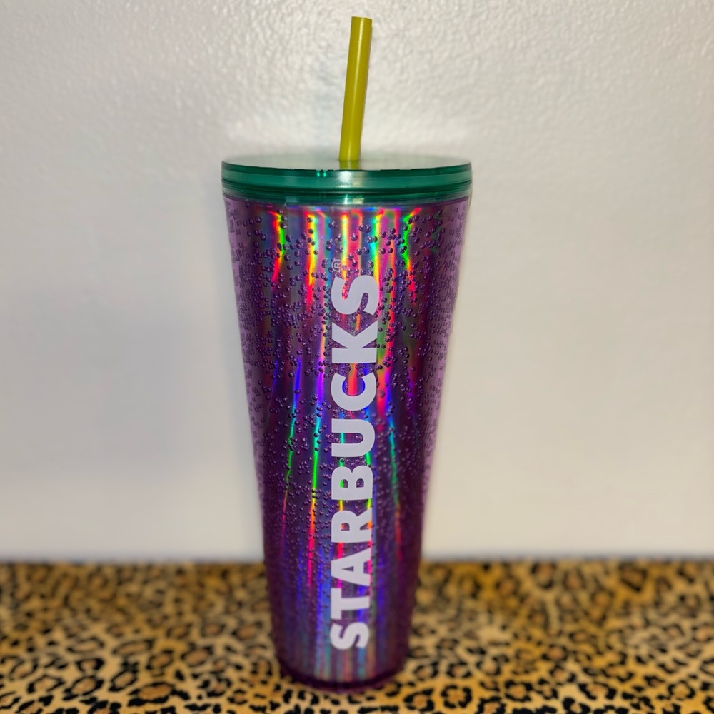 Starbucks Iridescent Purple Tumbler with Green Lid and Yellow Straw